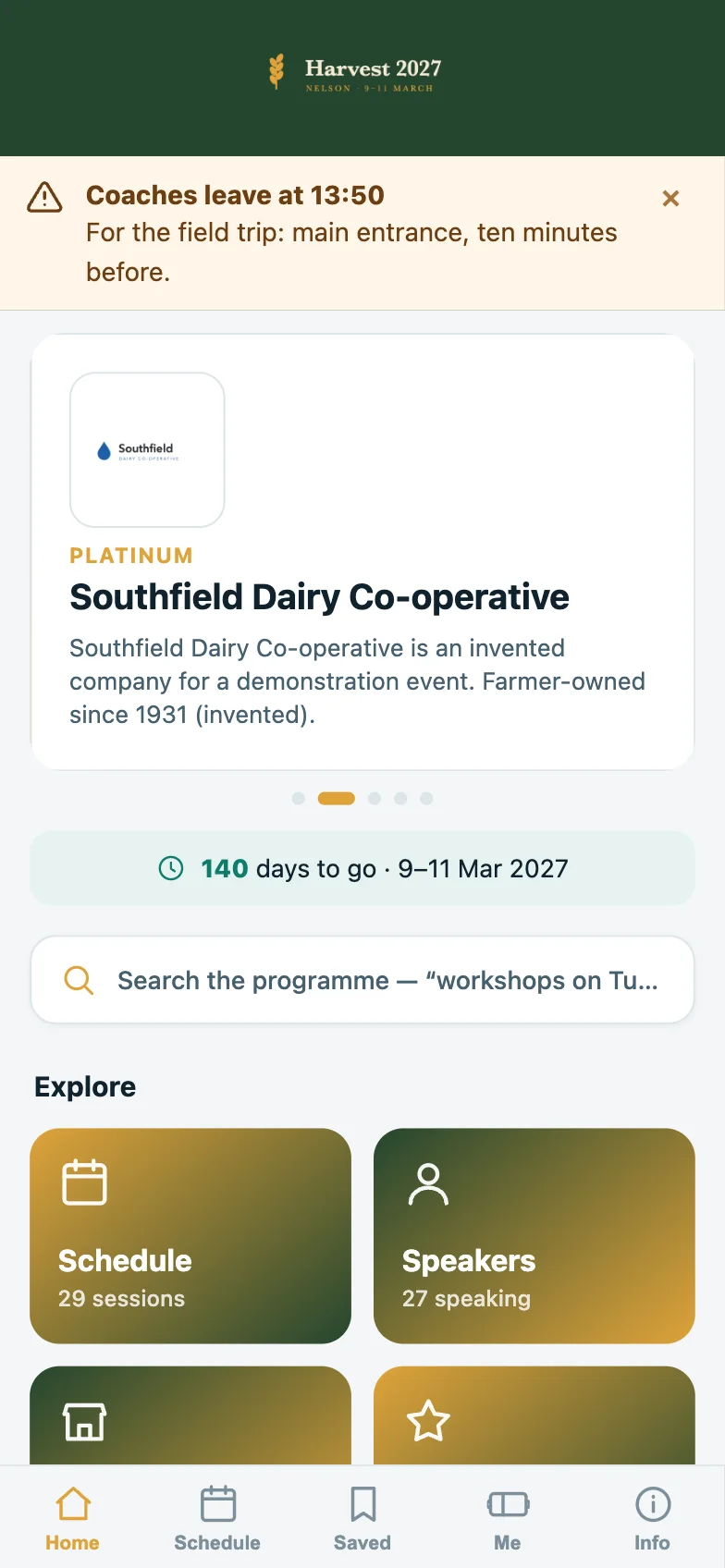The delegate app for Harvest 2027, an invented event, showing a late notice about the coaches.