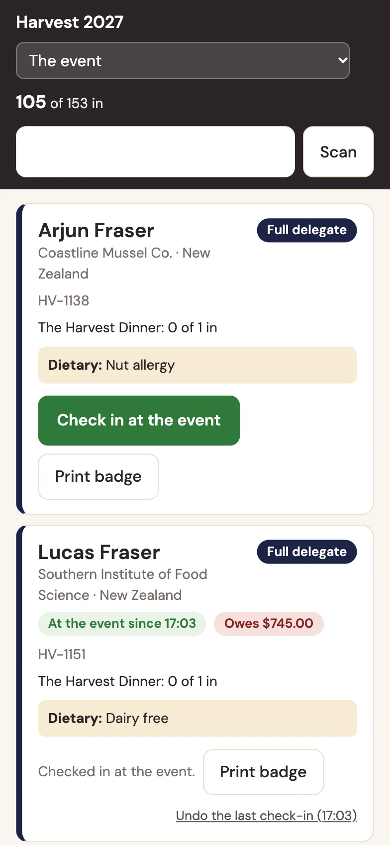 Checking a delegate in from a phone: search a name and press Check in.